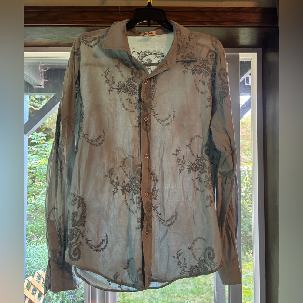 Cotton Teal Floral Embroidered Men's Shirt Size Large